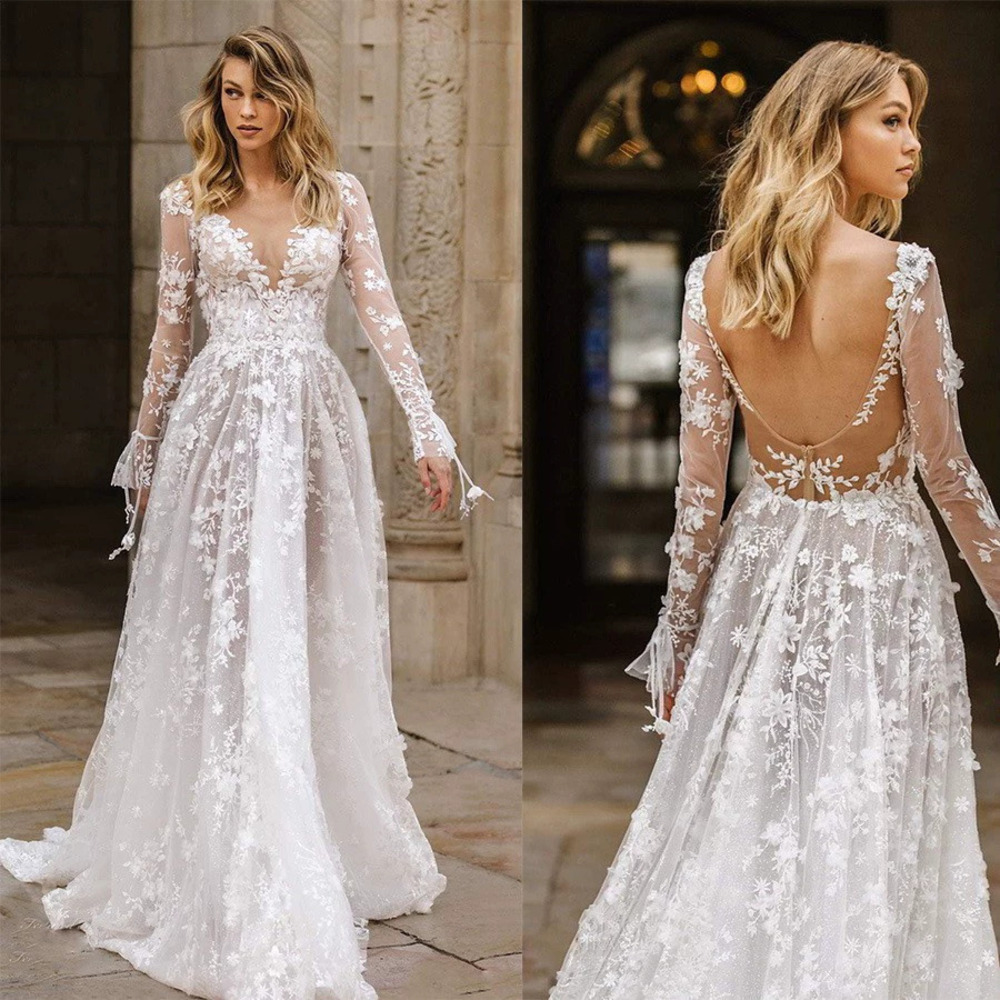 ZARA Sexy Lace Long Sleeve Wedding Dress Evening Gown In Stock
